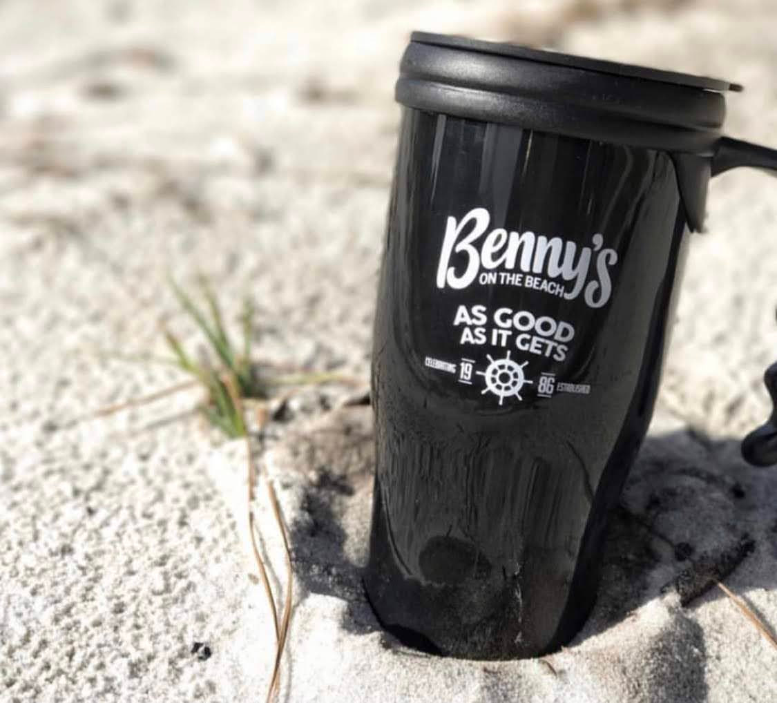 Branded travel tumbler for a pier restaurant for Benny's on the Beach, Lake Worth Beach, FL