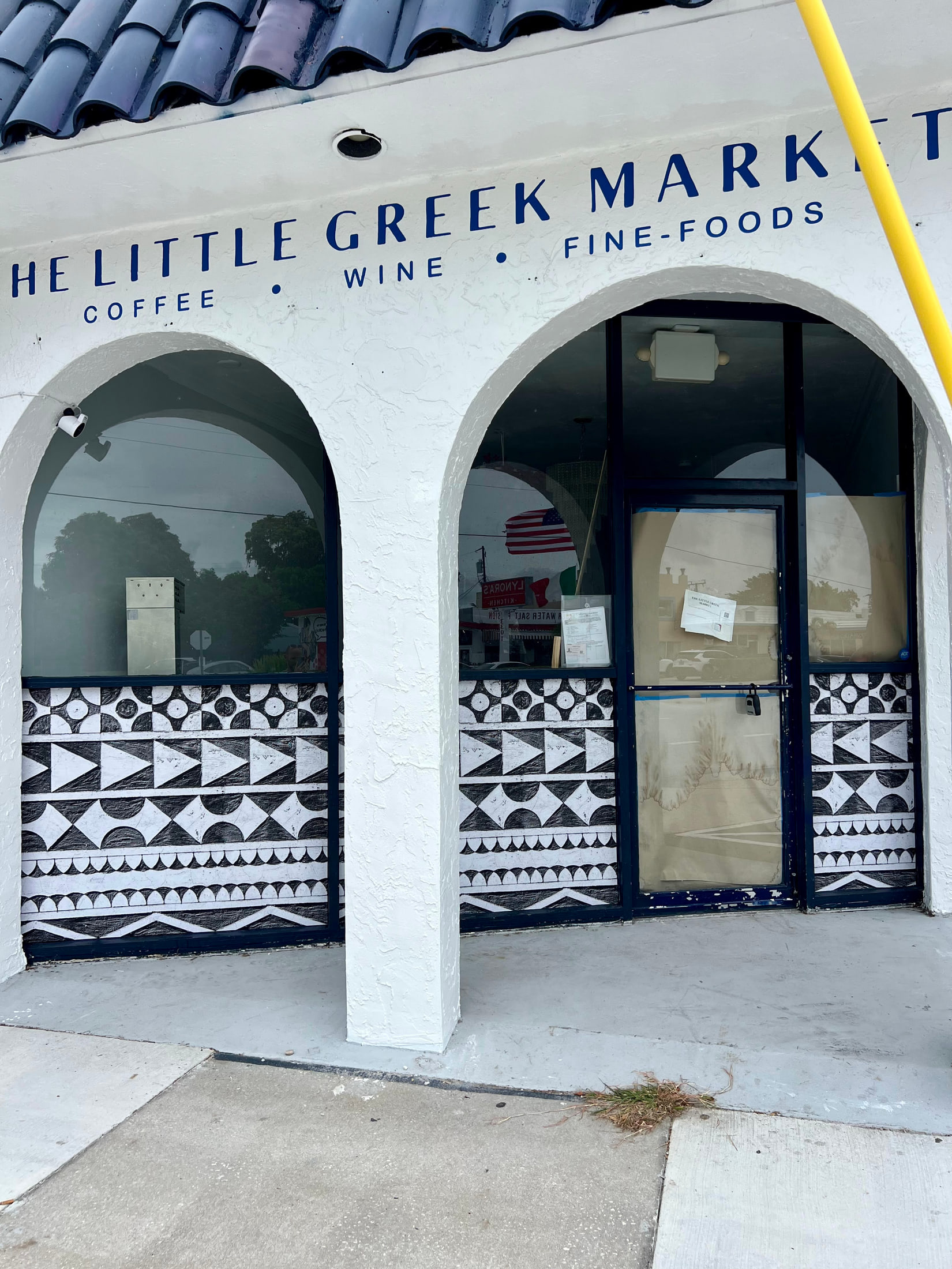 Storefront graphics for a coffee, wine and fine-foods market for The Little Greek Market, South Florida